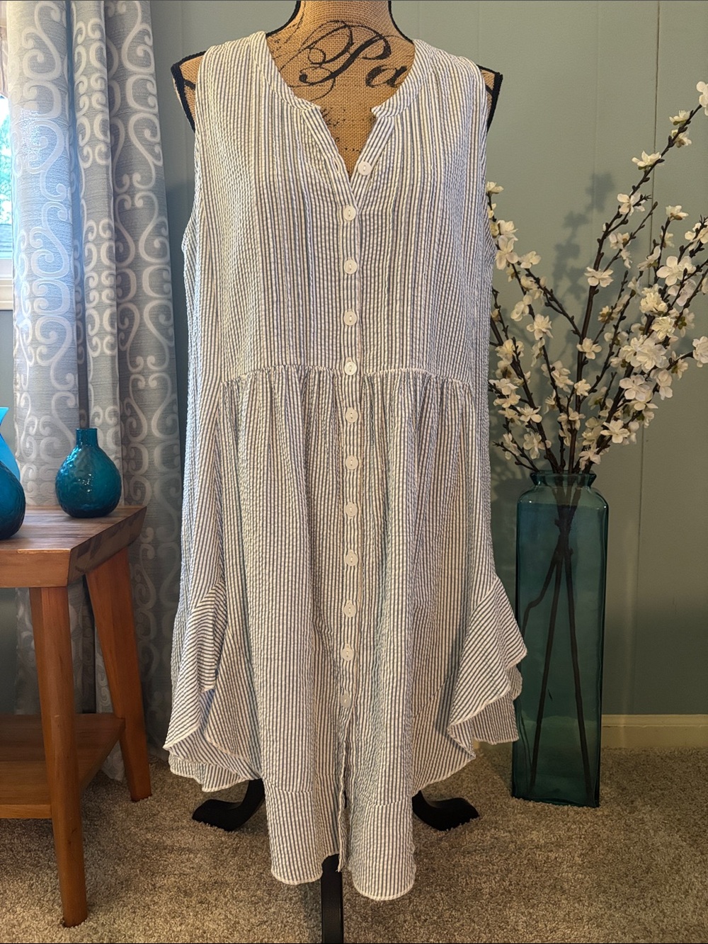 Tulip Striped Seersucker Pintuck Tank Dress